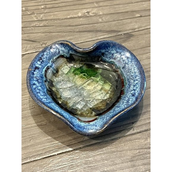 Studio Art Pottery Blue/Crystal Heart Shaped Glazed Trinket Dish Blues n Greens - Picture 2 of 5